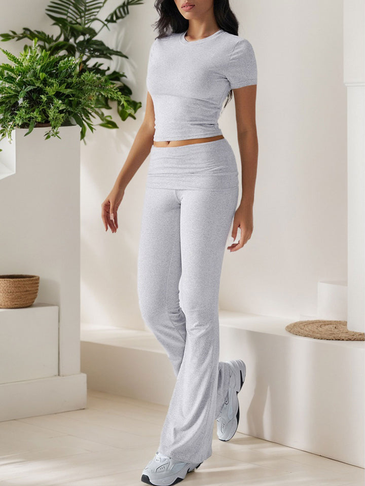 Grey Short Sleeve Top & Waist Ruched Pant Set