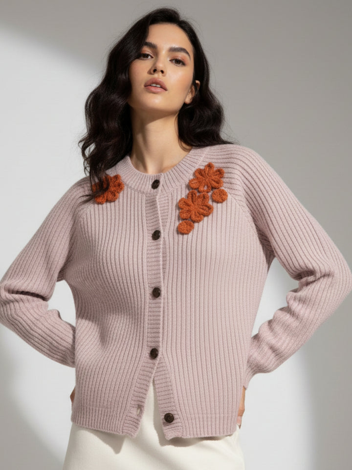 Nude Full Sleeve Front Buttoned Floral Embroidered Cardigan