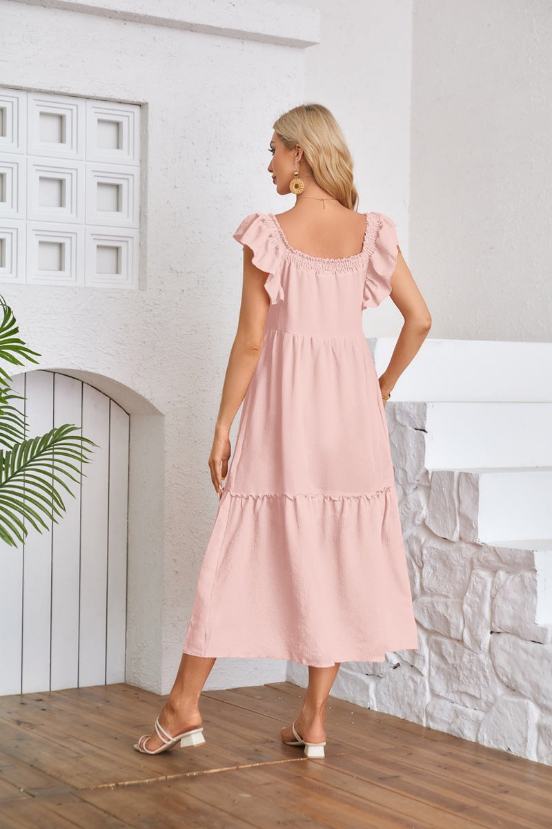 Pink Solid Flutter Sleeved Empire Waist Smocked Dress