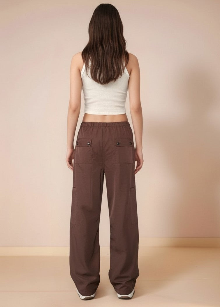 Brown Cargo Pockets Drawstring Wid Leg Trouser