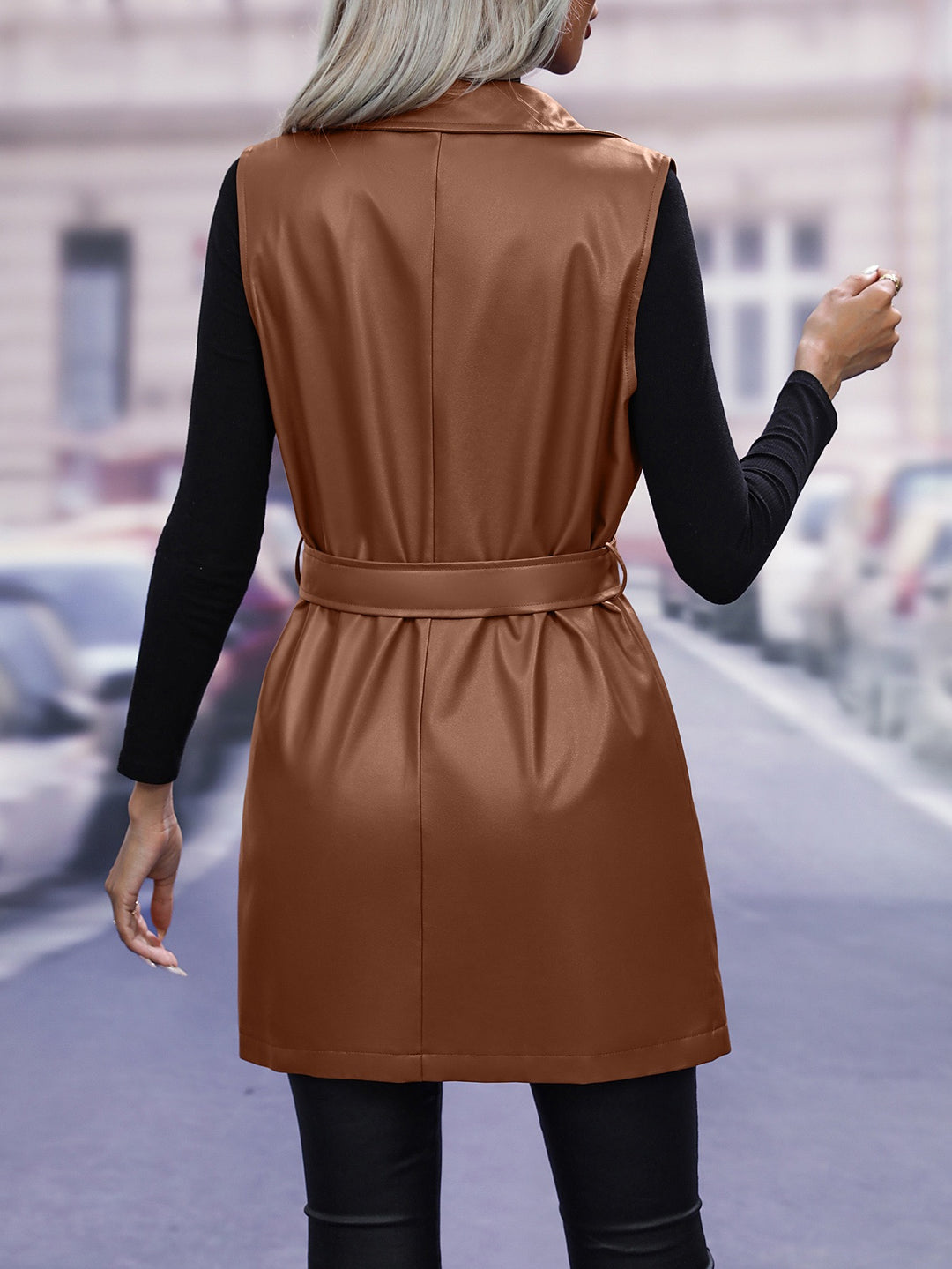 Brown Longline Sleeveless Aviator Jacket With Belt