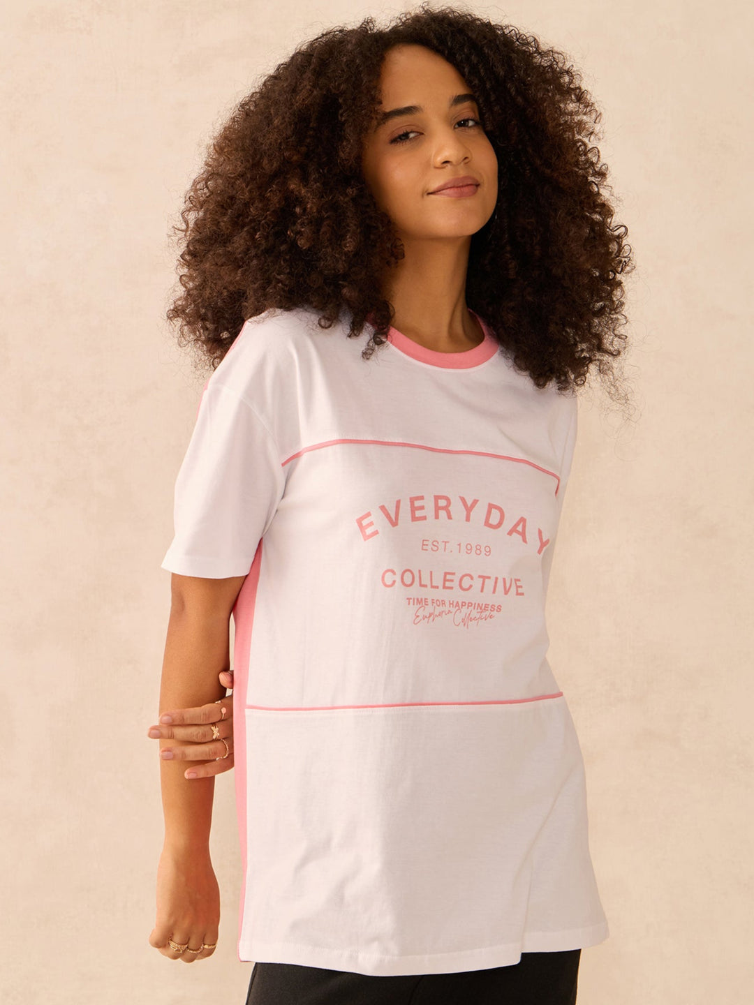 Pink Oversized T-Shirt With Graphic And Cut & Sew Highlights