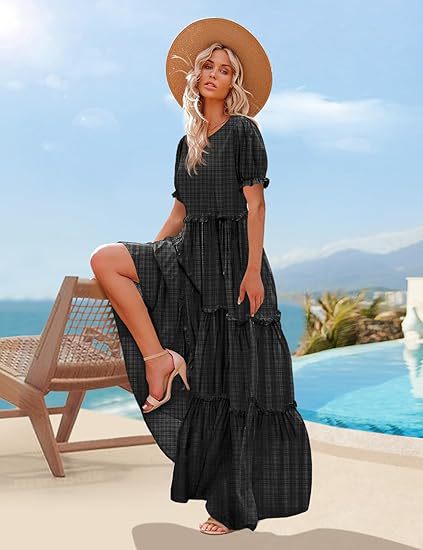 Black Scoop Round Neck Printed Tiered Dress