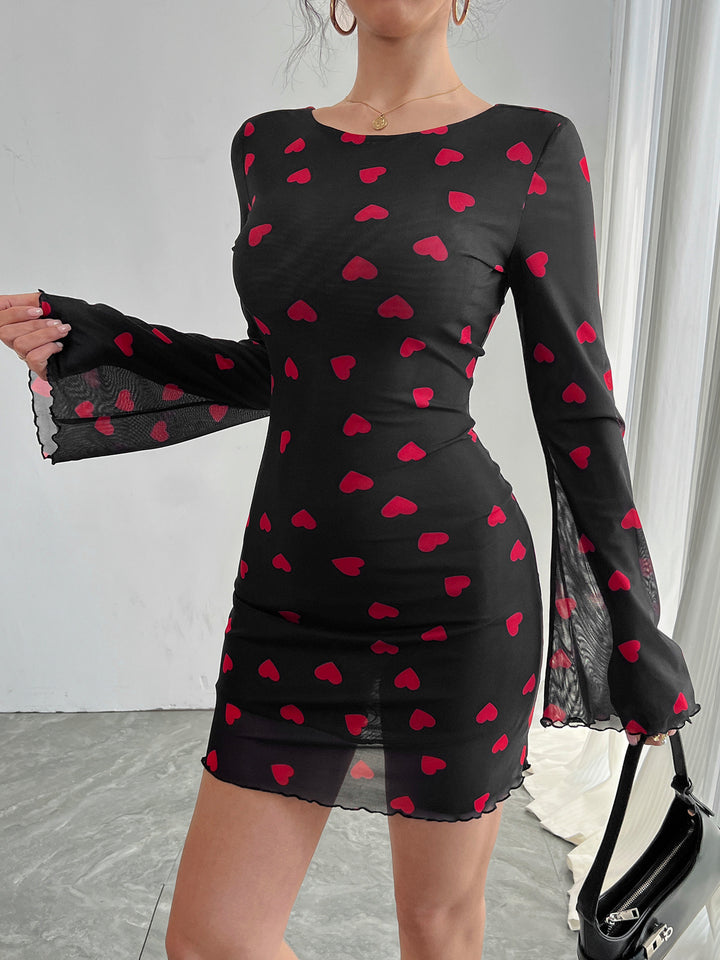 Black Bell Sleeve Printed Dress