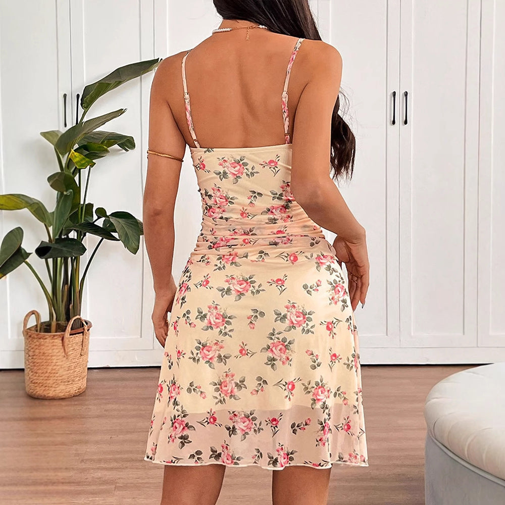 Pink Ruched Printed Mini Dress