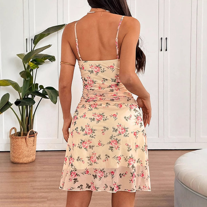 Pink Ruched Printed Mini Dress