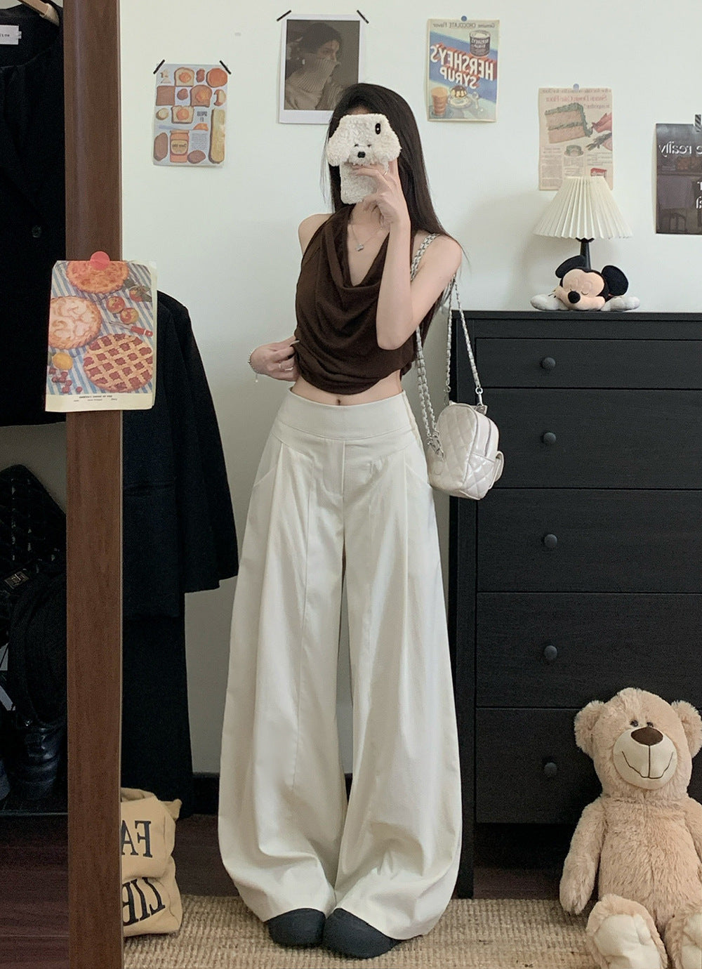 Off White High Waist Pleated Baggy Pant