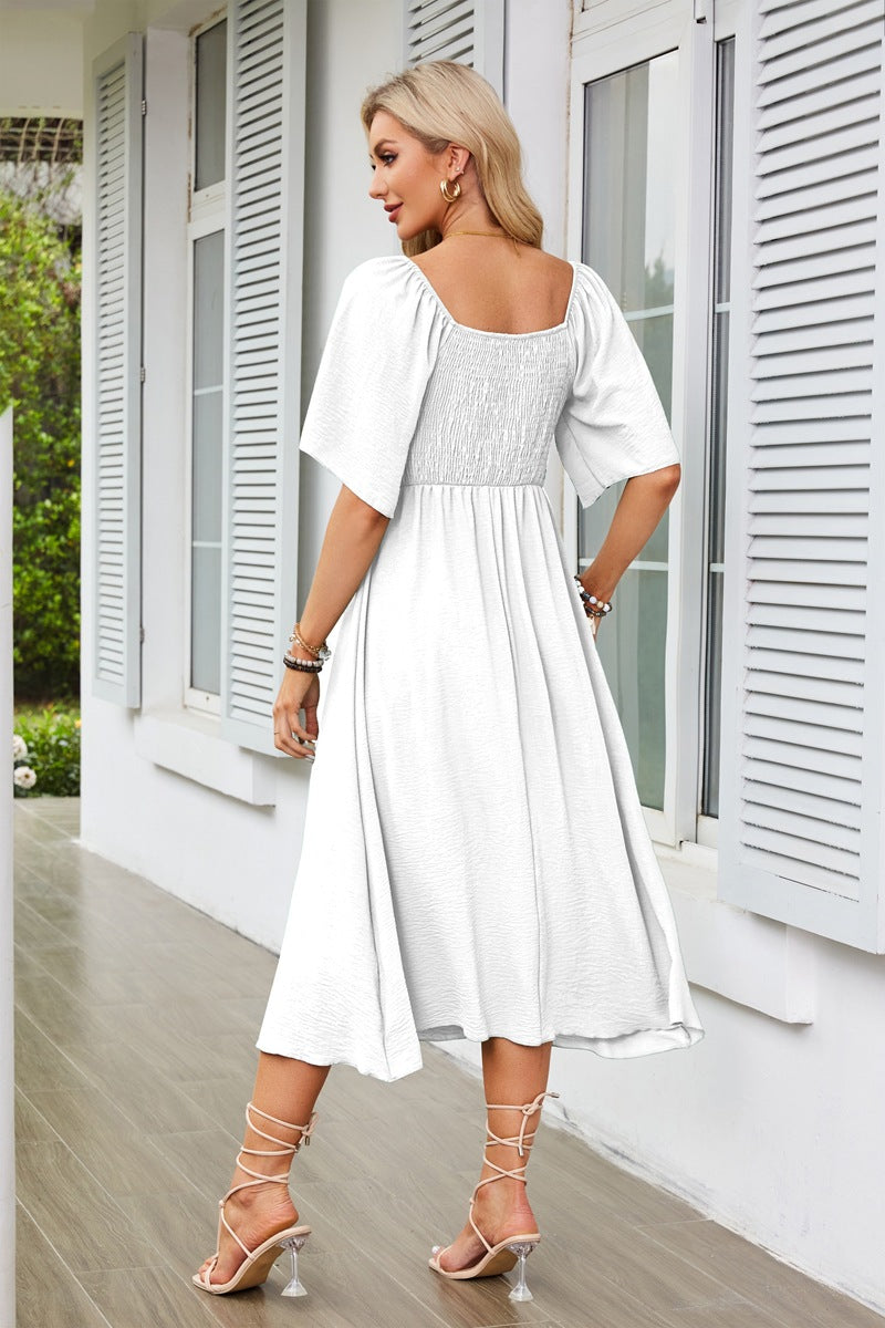 White Flutter Sleeved Bow Detailed Neck Dress