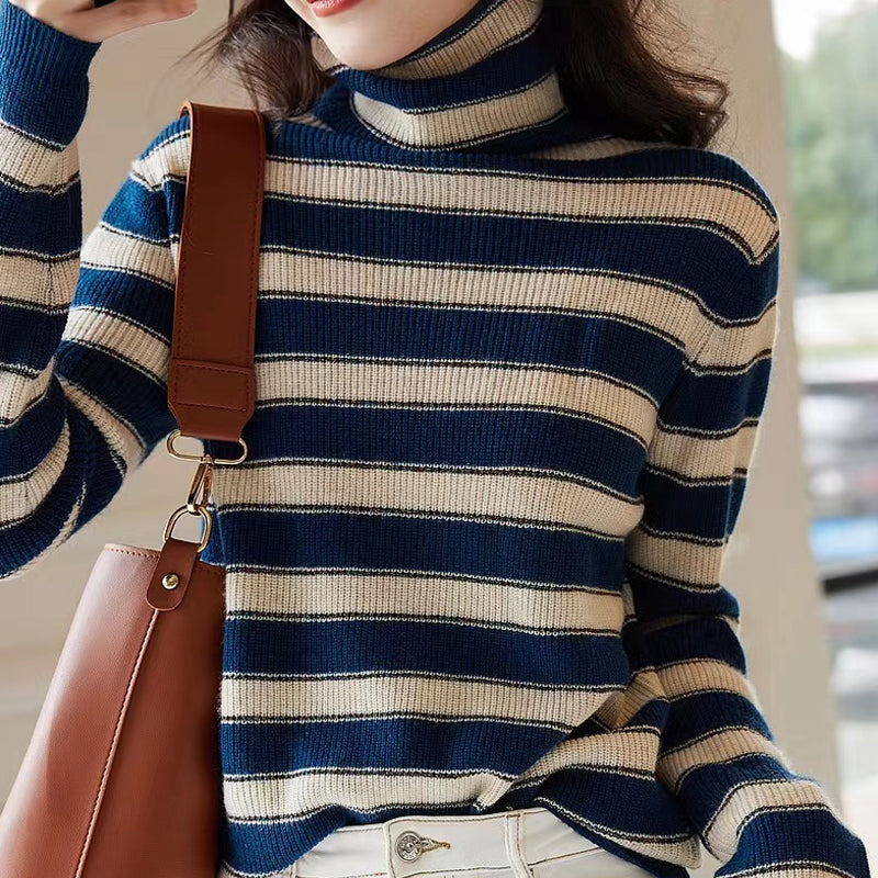 Blue Striped Turtle Neck Top