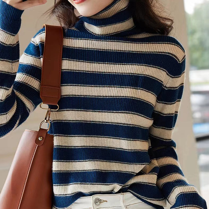 Blue Striped Turtle Neck Top