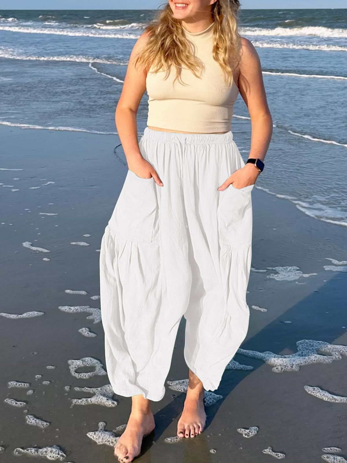 White Wide Leg Casual Cargo Pants