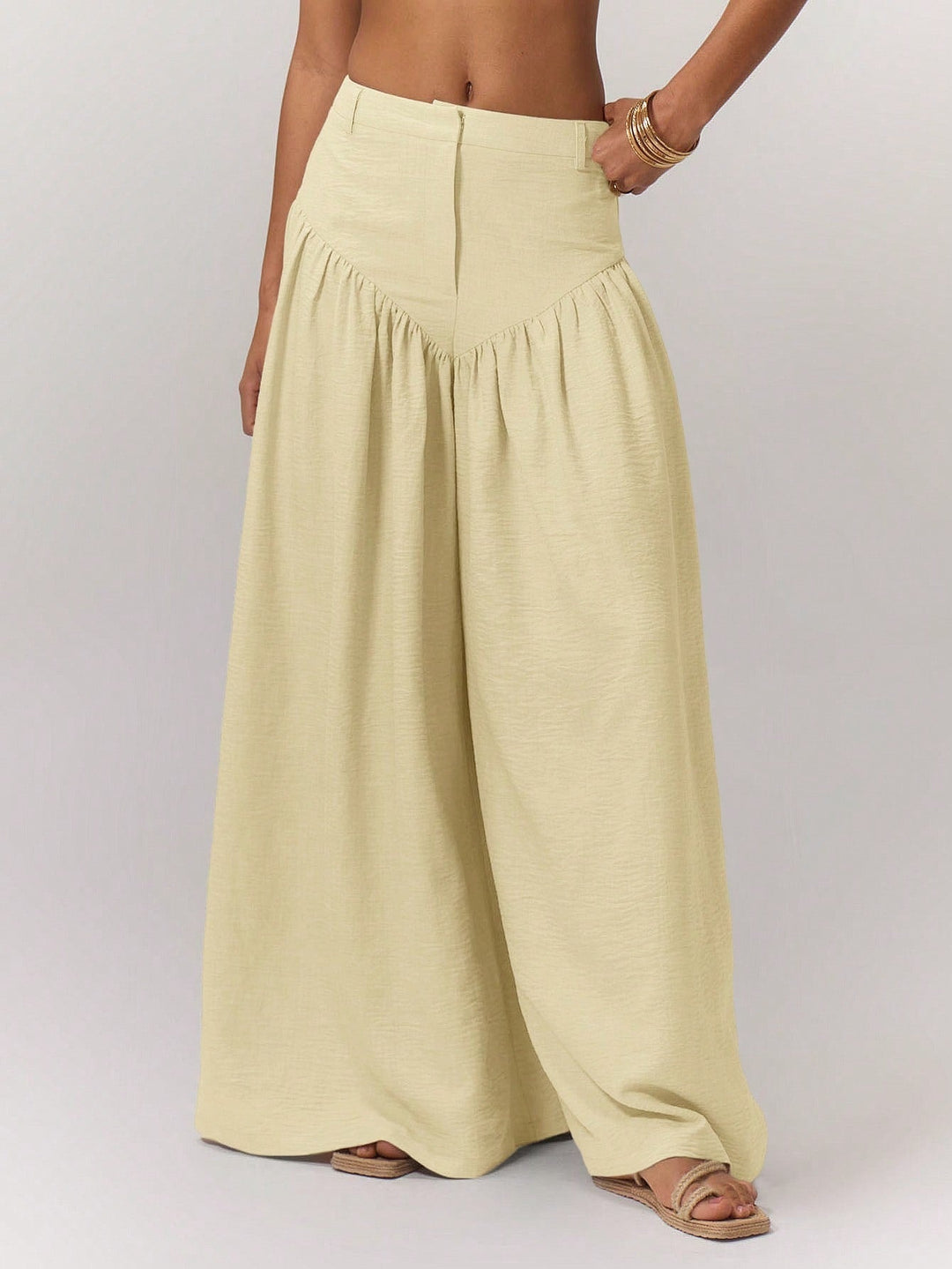 Cream High Waist Fitted Wide Leg Trouser
