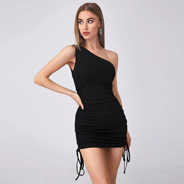 Black One Shoulder Side Ruched Dress