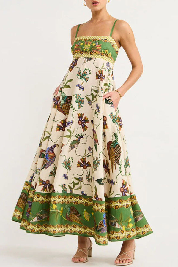 Multi Floral Print Spaghetti Strap Flared Dress