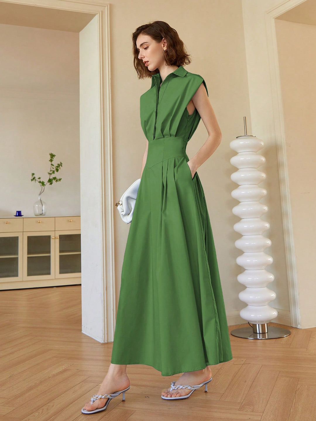 Green Front Button Shirt Style Sleeveless Dress