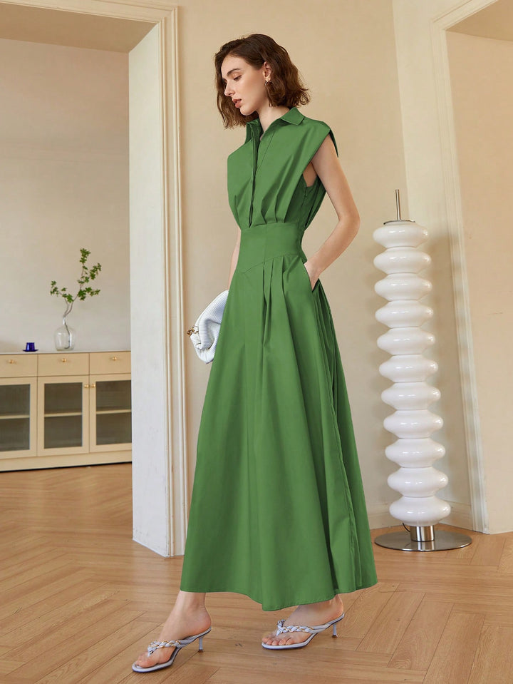Green Front Button Shirt Style Sleeveless Dress
