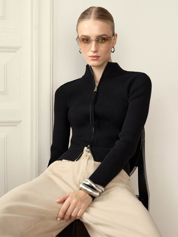 Black Dual Zipper Solid Sweater