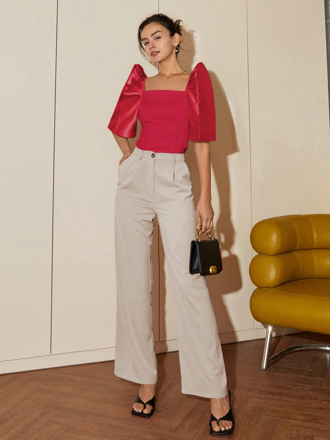 Red Puff Sleeve Square Neck Top