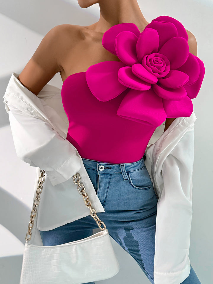 Pink One Shoulder Flower Attached Top