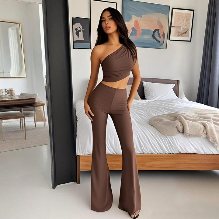 Brown One Shoulder Fitted Top With Fit And Flare Pants