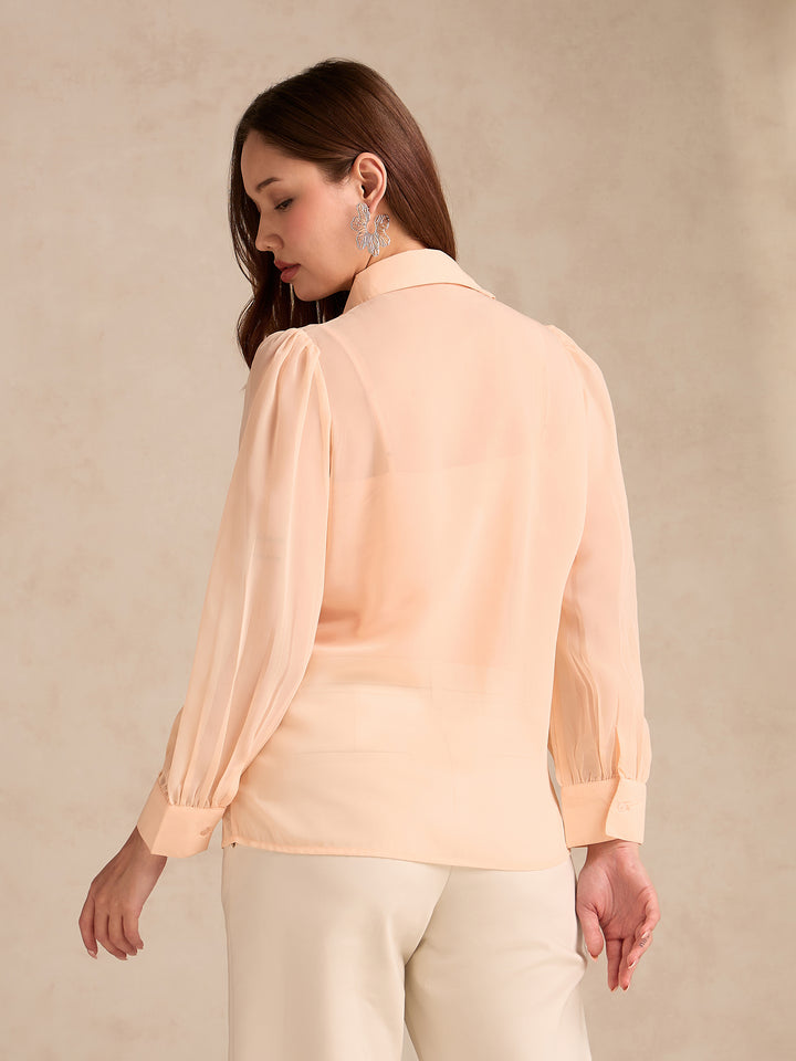 Peach Flowy Georgette Shirt With Applique Flower Embellishment