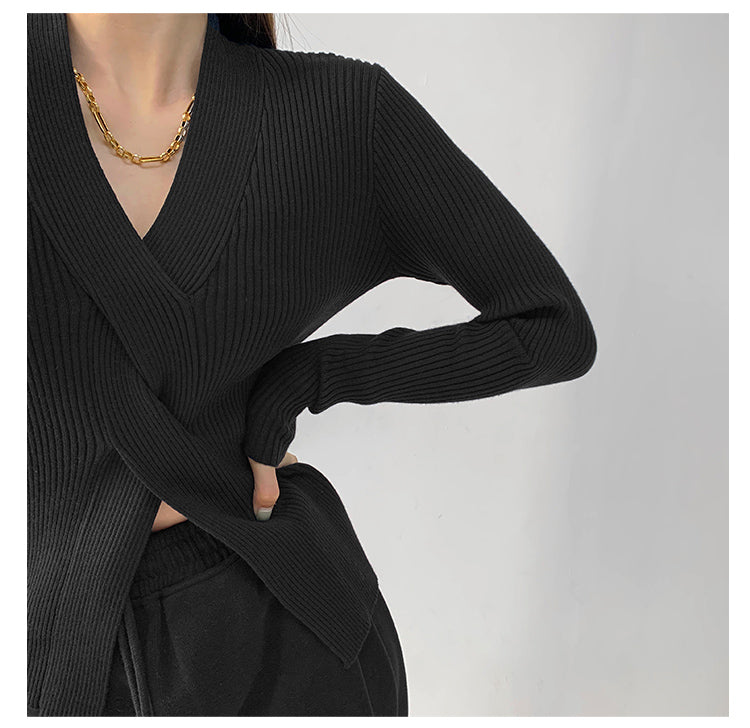 Black Full Sleeve V Neck Wrap Pullover Top