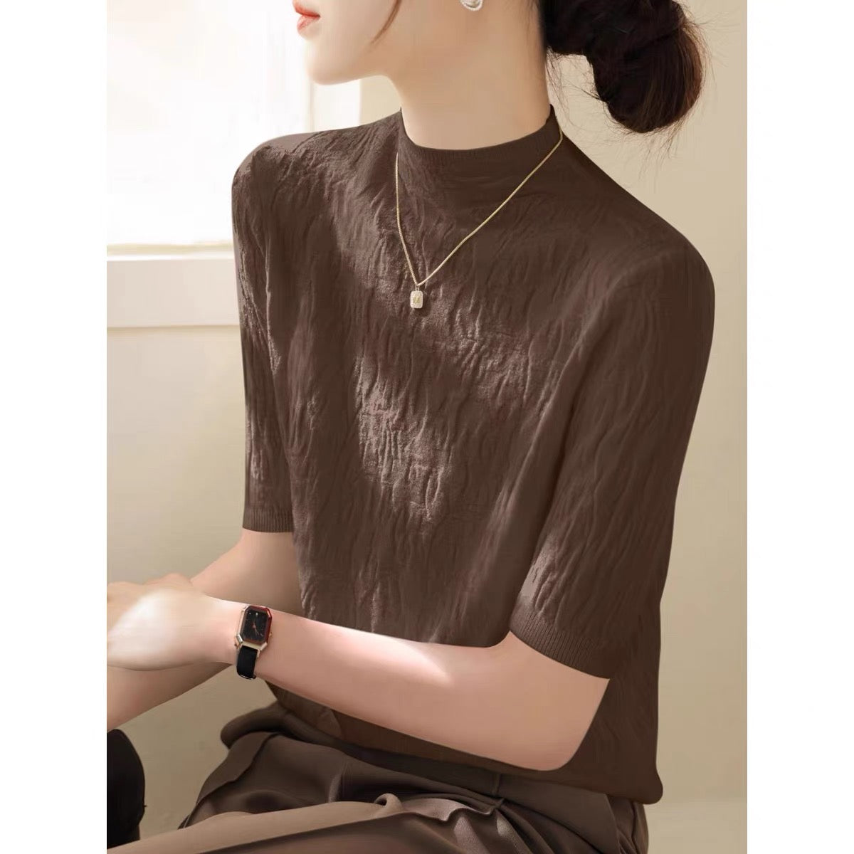 Brown High Neck Half Sleeves Top