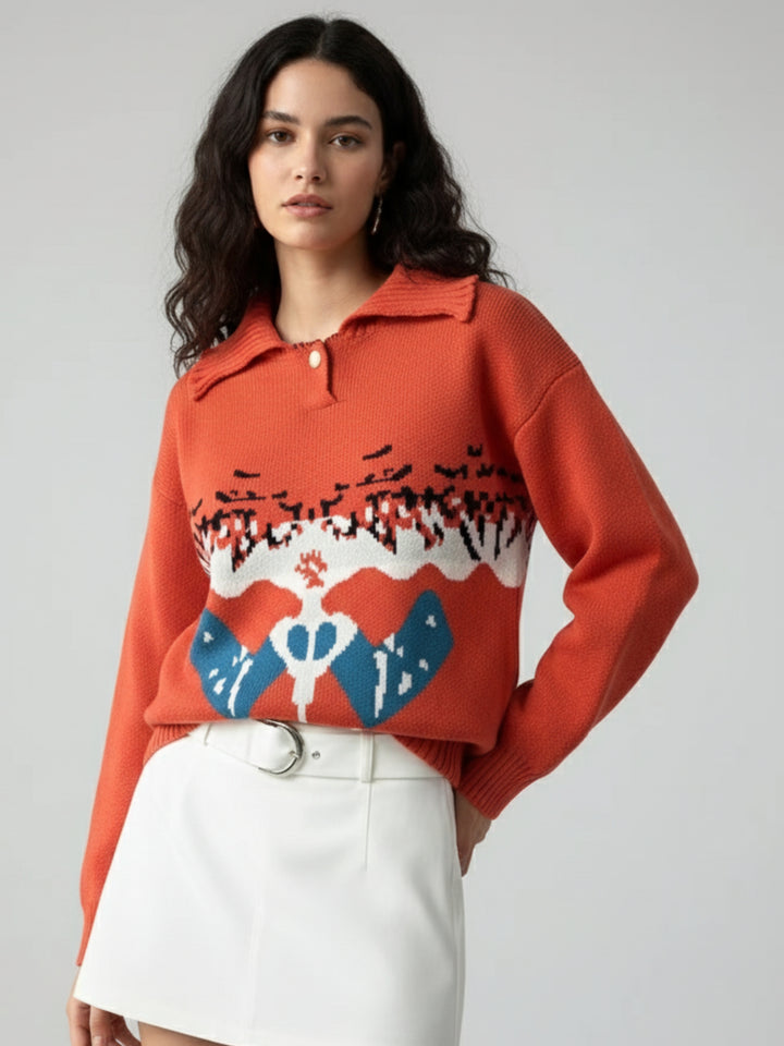 Red Collared Printed Single Button Sweater