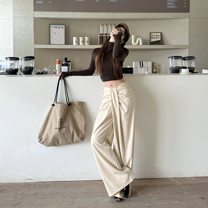 Cream Pleated Wide Leg Pants