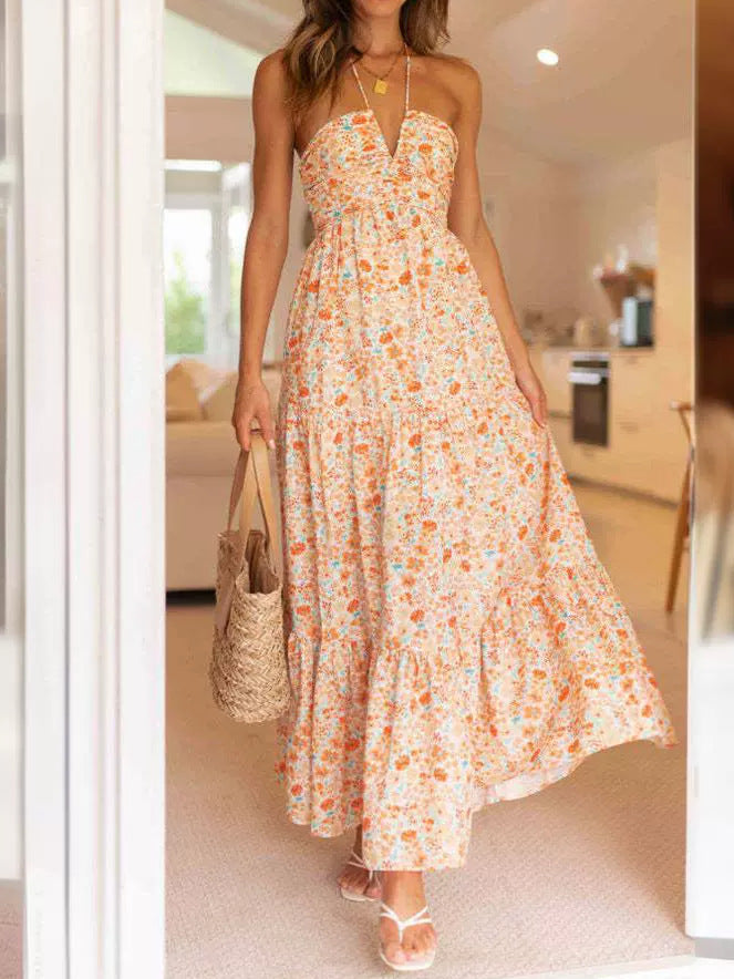 Orange Halter Neck Fit And Flare Maxi Dress