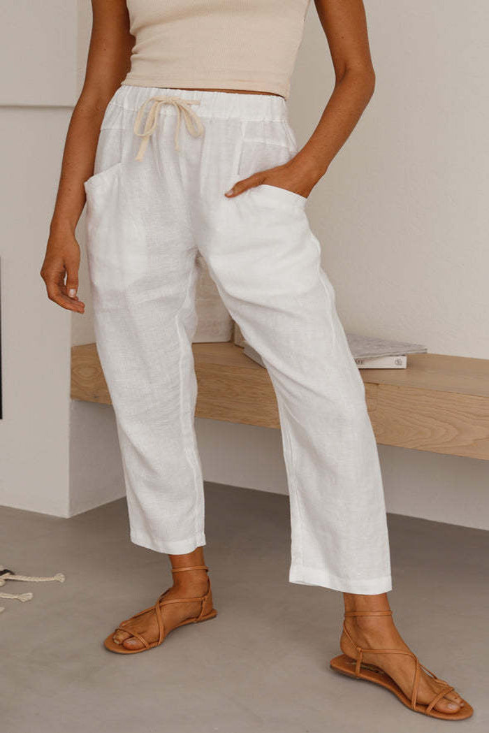 White Waist Tie Up Narrow Leg Trouser