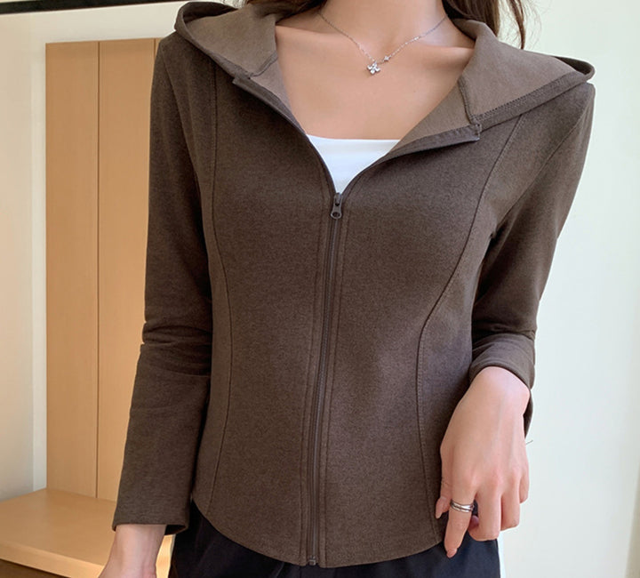 Brown Full Sleeves Front Zip Hooded Jacket