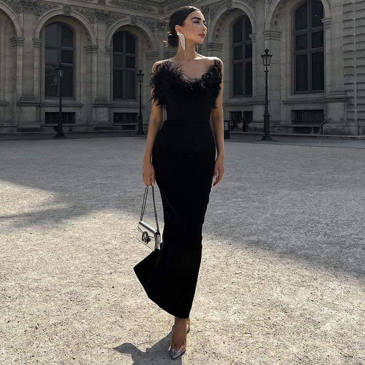 Black Feather Off Shoulder Maxi Dress