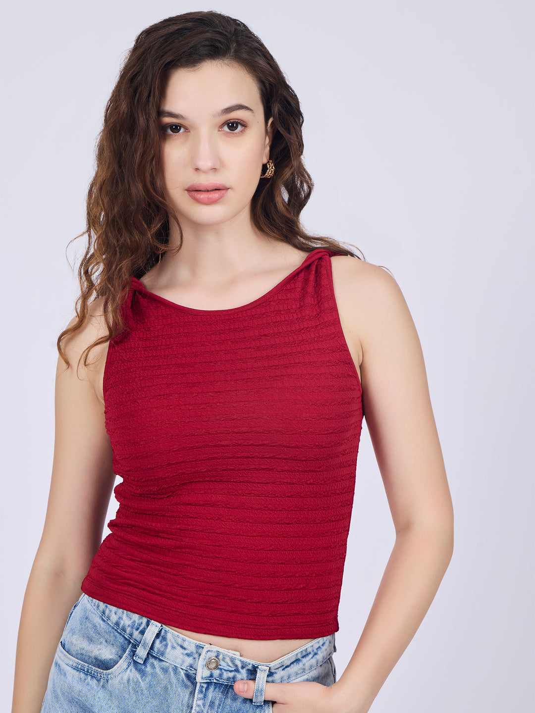 Maroon Textured Knit Halter Neck Tank Top