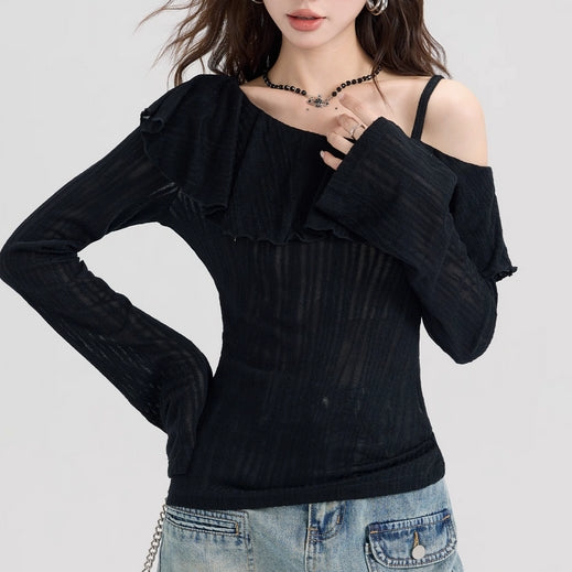 Black Cold Shoulder Frilled Top