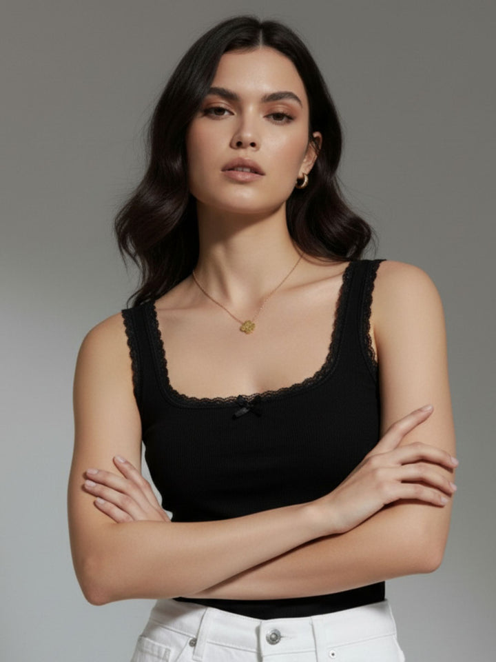 Black Ribbed Lace Trim Tank Top