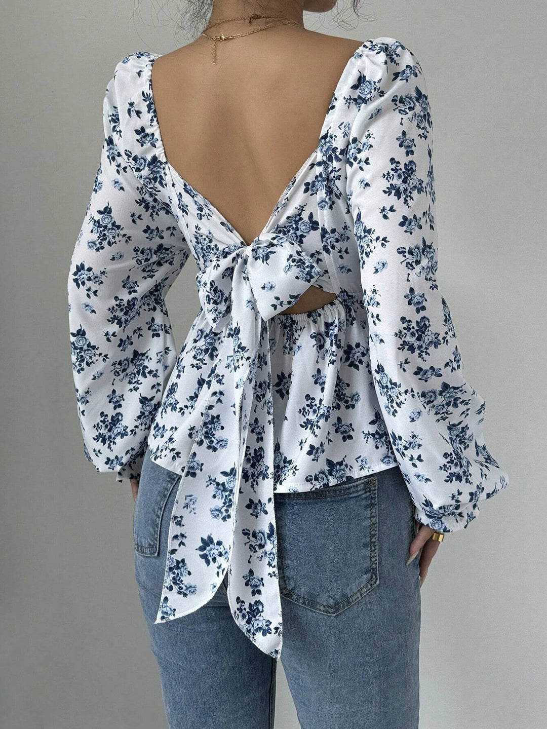 Blue Floral Printed Ruffle Top