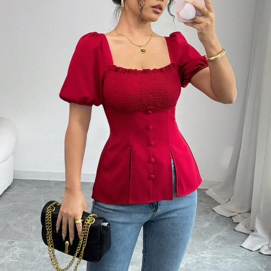 Red Puff Sleeve Square Neck Slit Top