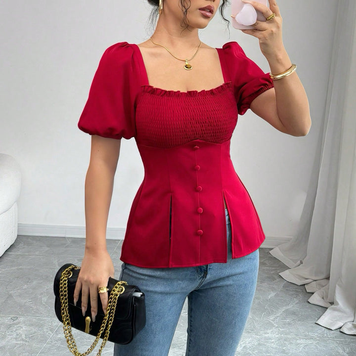 Red Puff Sleeve Square Neck Slit Top