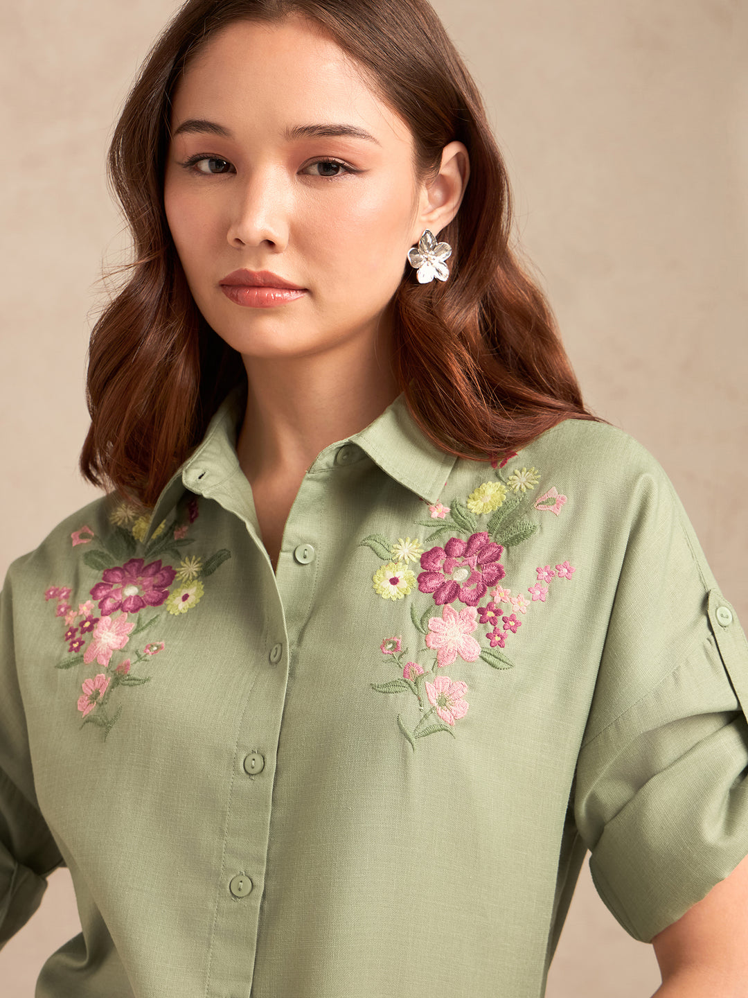 Green Floral Embroidered Shirt With Drop Shoulder