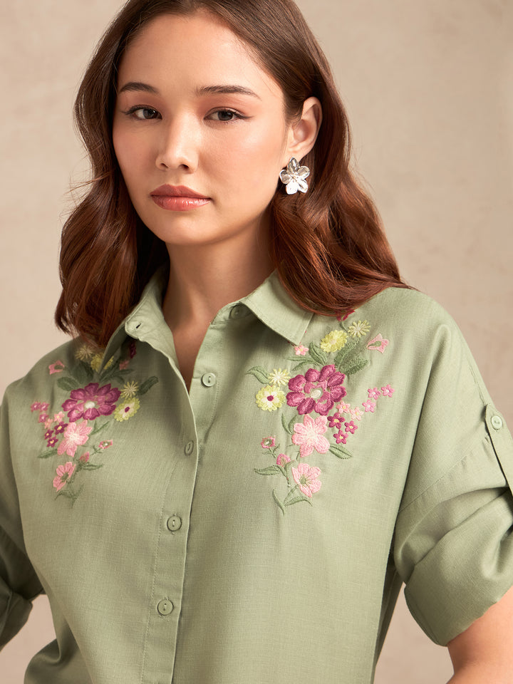 Green Floral Embroidered Shirt With Drop Shoulder