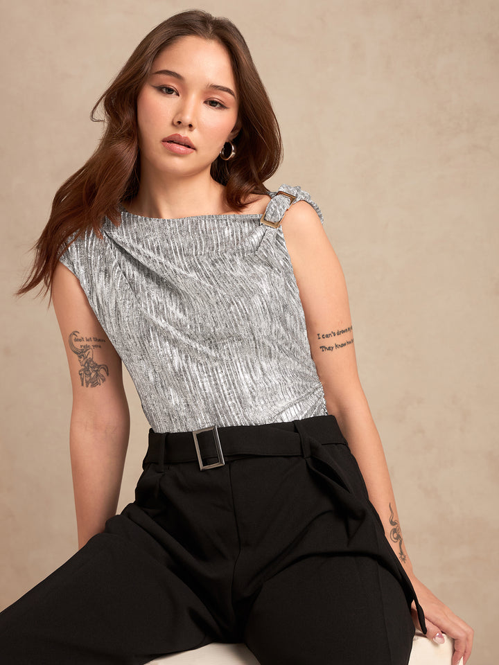 Silver Metallic Textured Twisted Strap Top