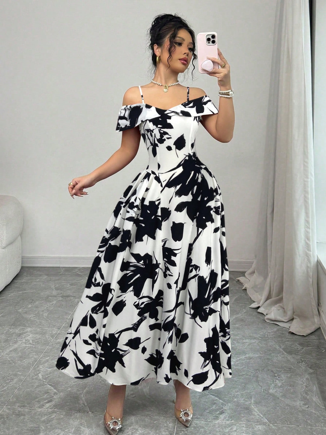 Black Cold Shoulder Printed Dress