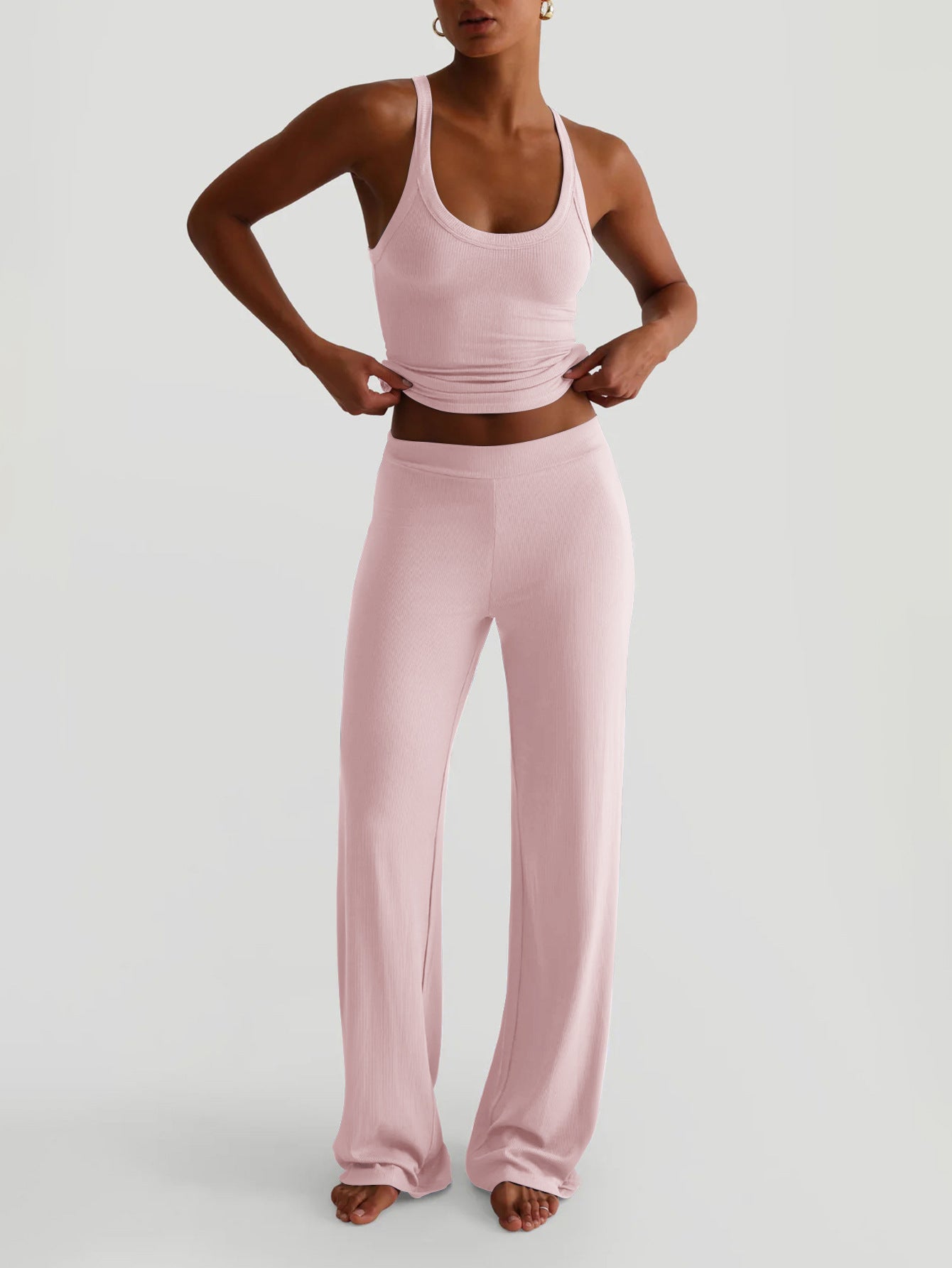 Pink Shoulder Strap Solid Top And Pant Set
