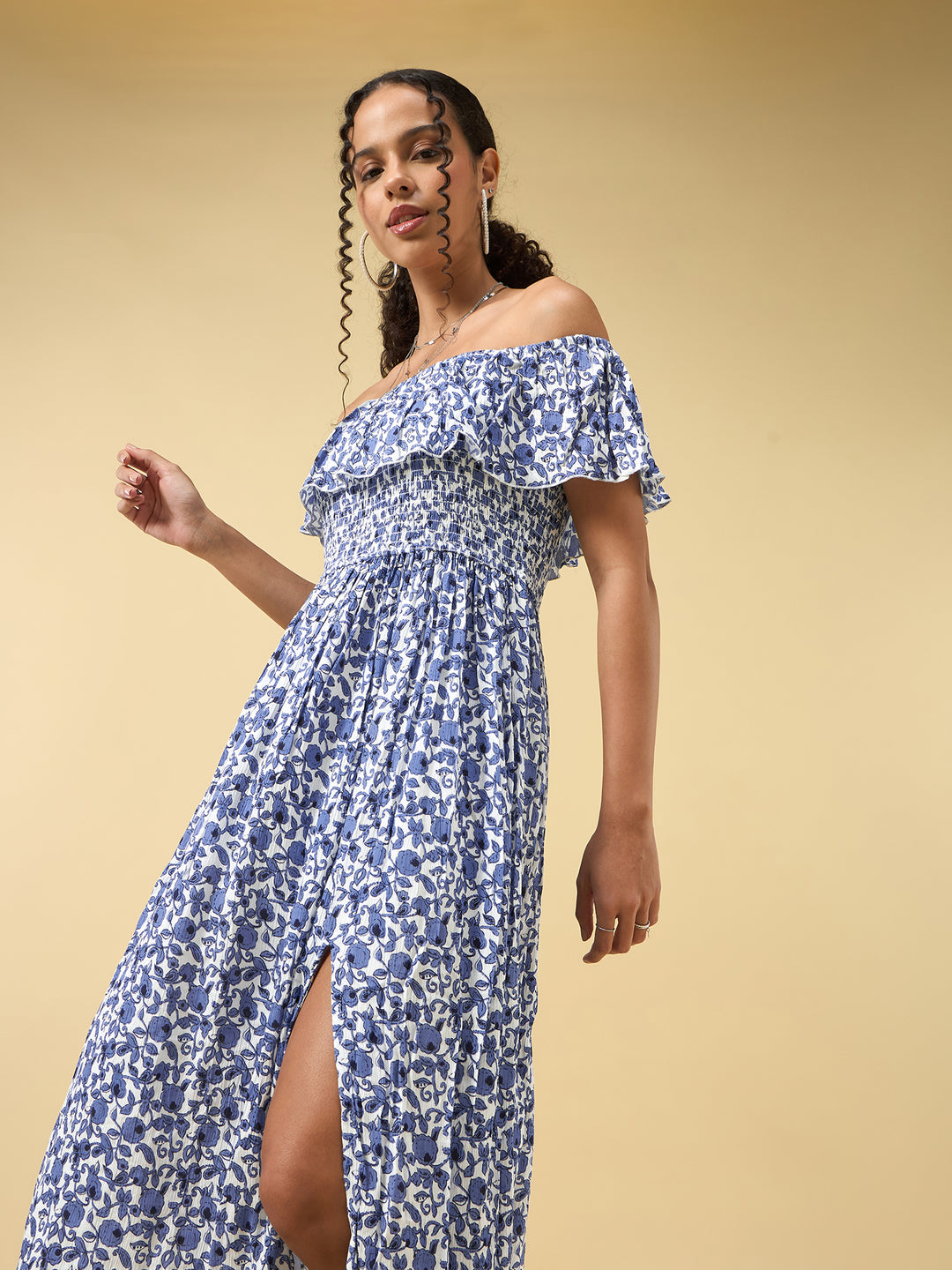 Blue Off Shoulder High Slit Dress