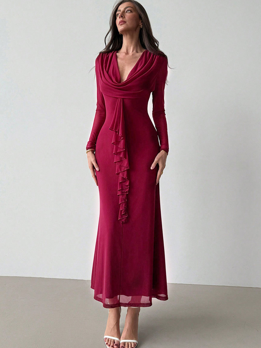 Maroon Full sleeve front ruffle v neck dress