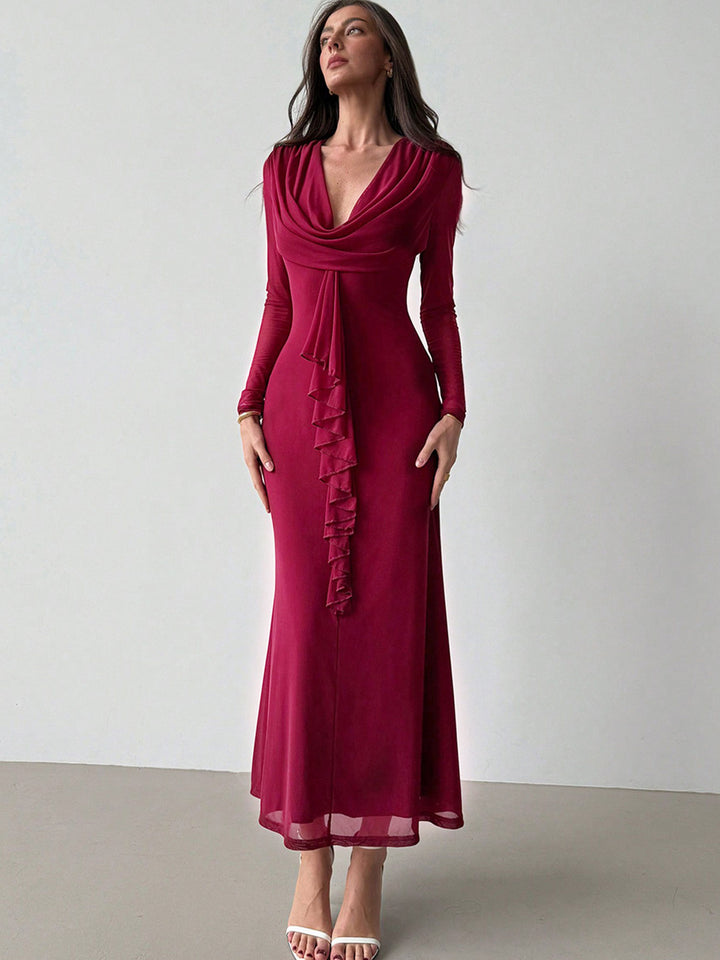 Maroon Full sleeve front ruffle v neck dress