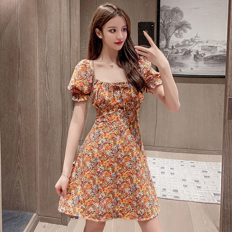 Orange Puff Sleeves Fit And Flare Dress