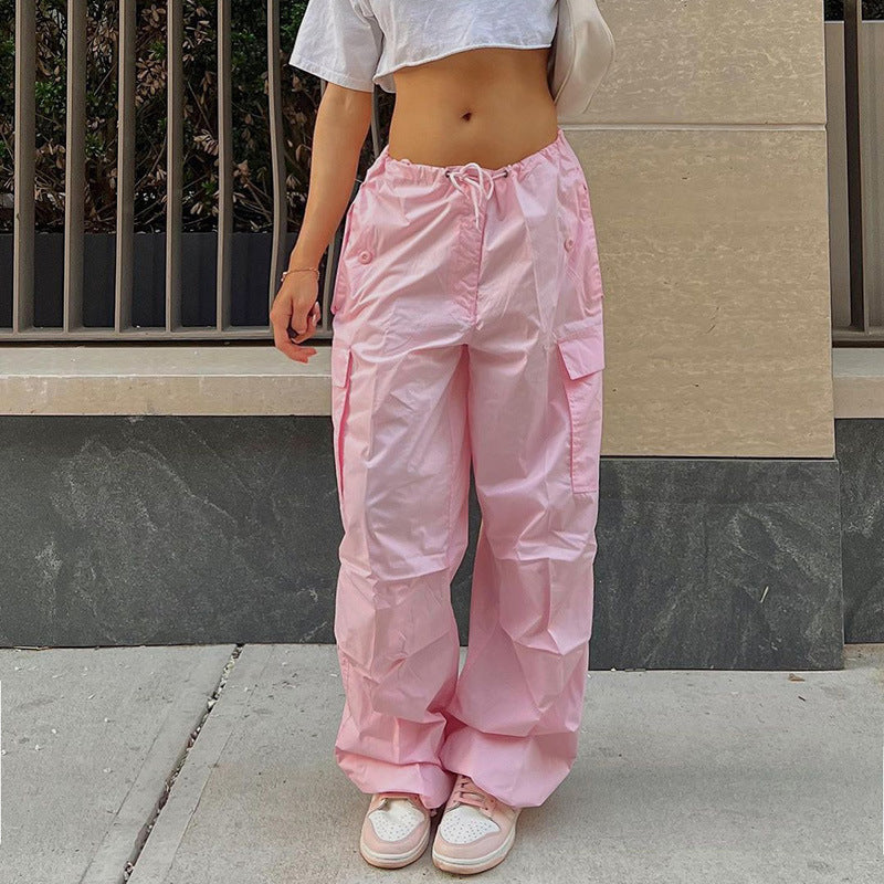 Pink Solid Parachute Pants