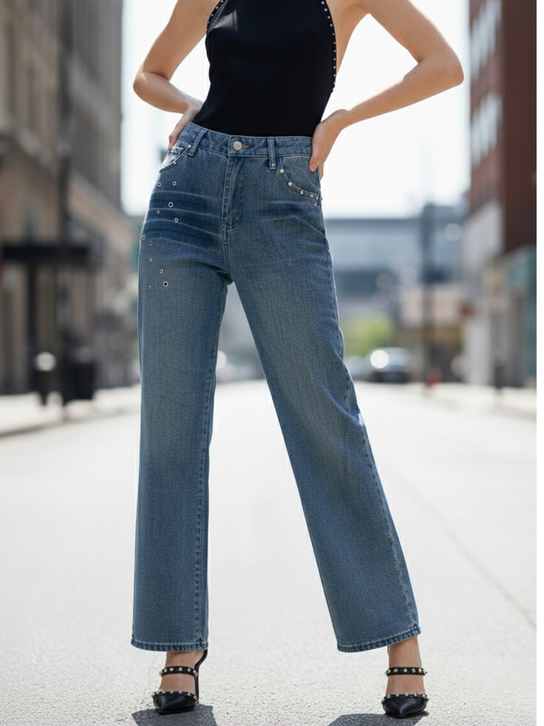 Blue High Waist Wide Leg Jeans